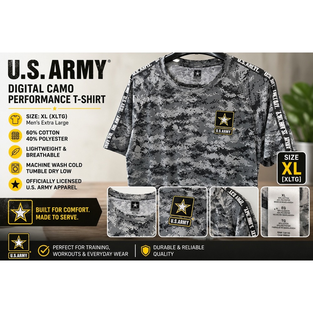 US Army Digital Camo T-Shirt Mens XL Grey Black Star Logo Raglan GA3_5930_06
